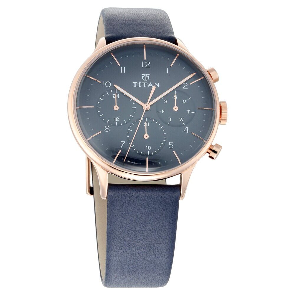 [90102WL02] Titan Quartz Multifunction Blue Dial Leather Strap Watch for Men