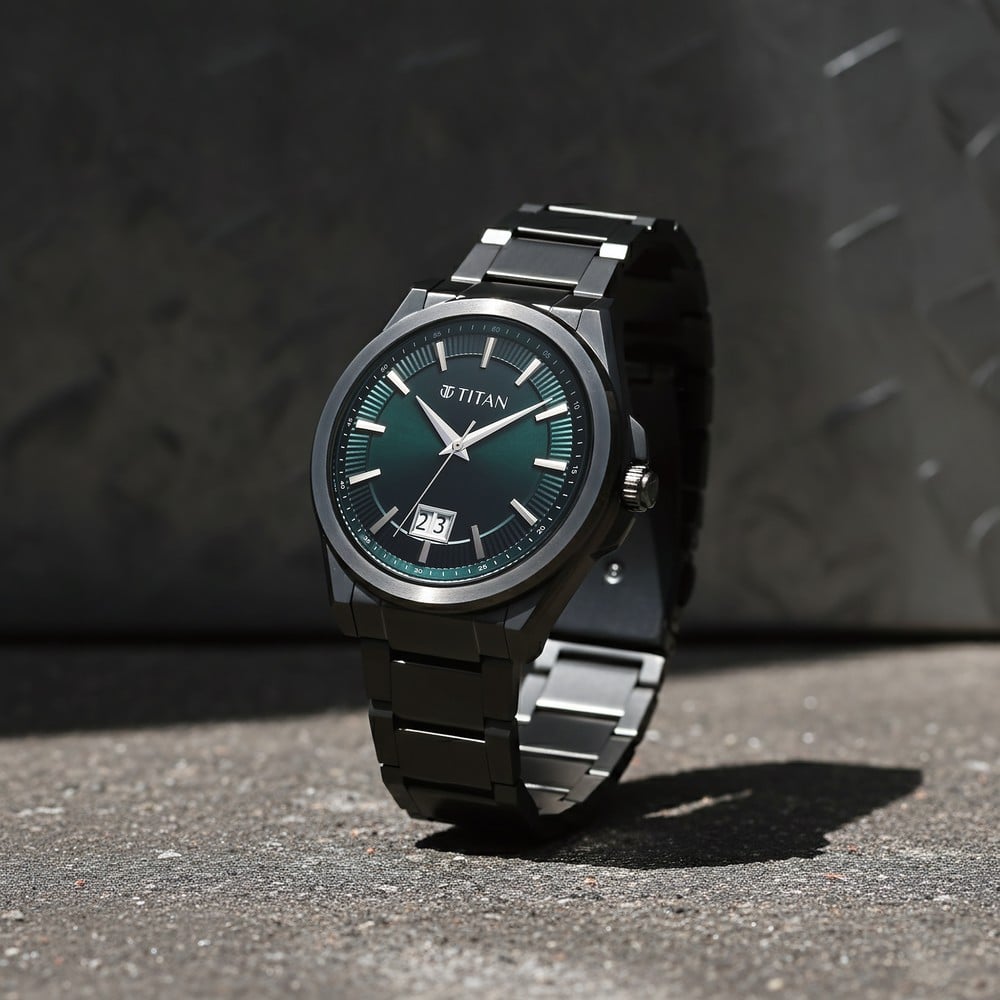 Titan Classique Big Date Analog with Green Dial Dark Gun Stainless Steel Strap Watch for Men