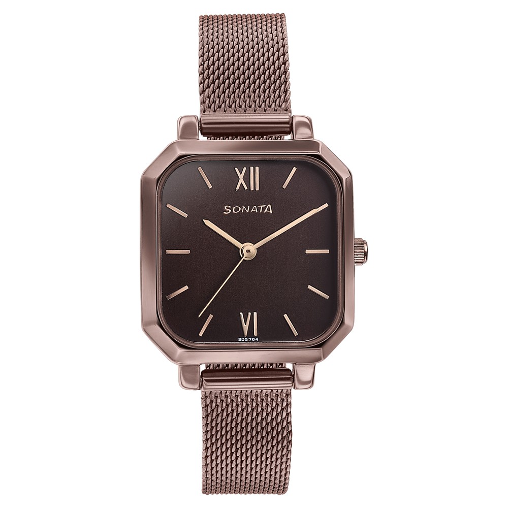Sonata Modern Edit Quartz Analog Brown Dial Brown Stainless Steel Strap Watch For Women