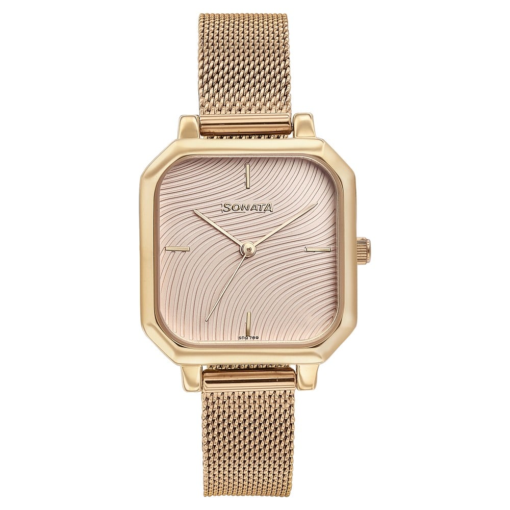 [87072WM02] Sonata Modern Edit Quartz Analog Pink Dial Rose Gold Stainless Steel Strap Watch For Women