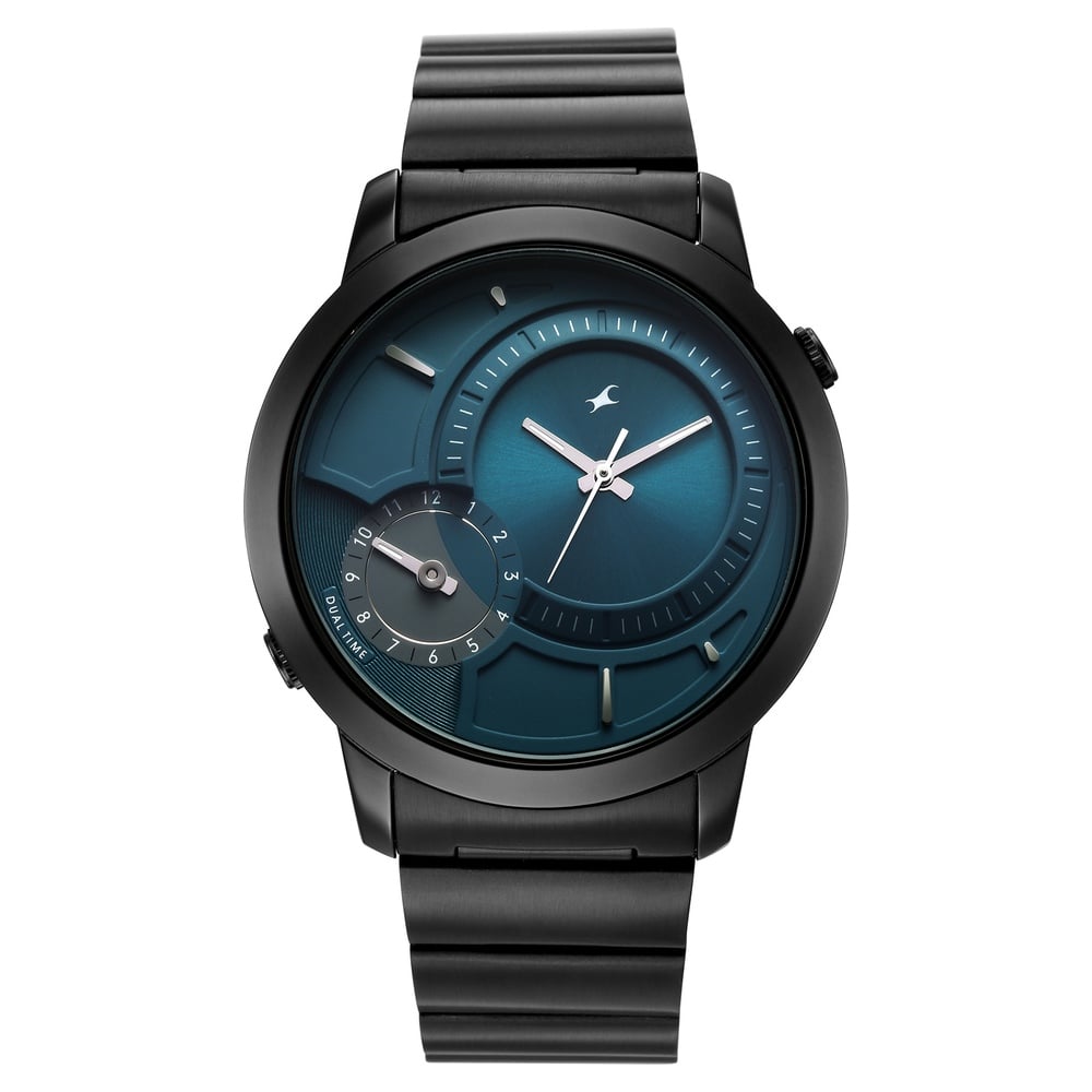 [3340NM02] Fastrack Pulse IV Dual Time Watch for Men with Petrol Blue Sunray Dial & Black Metal Strap