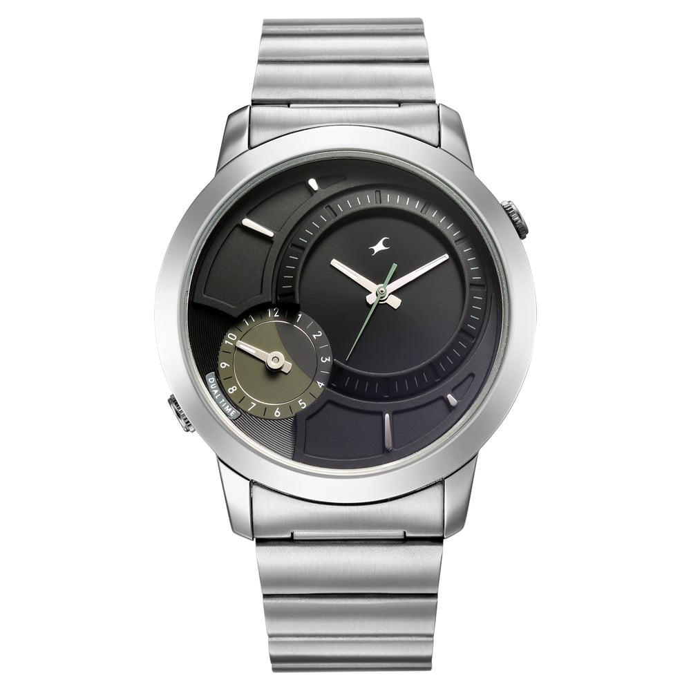 Fastrack Pulse IV Dual Time Watch for Men with Black Sunray Dial & Silver Metal Strap