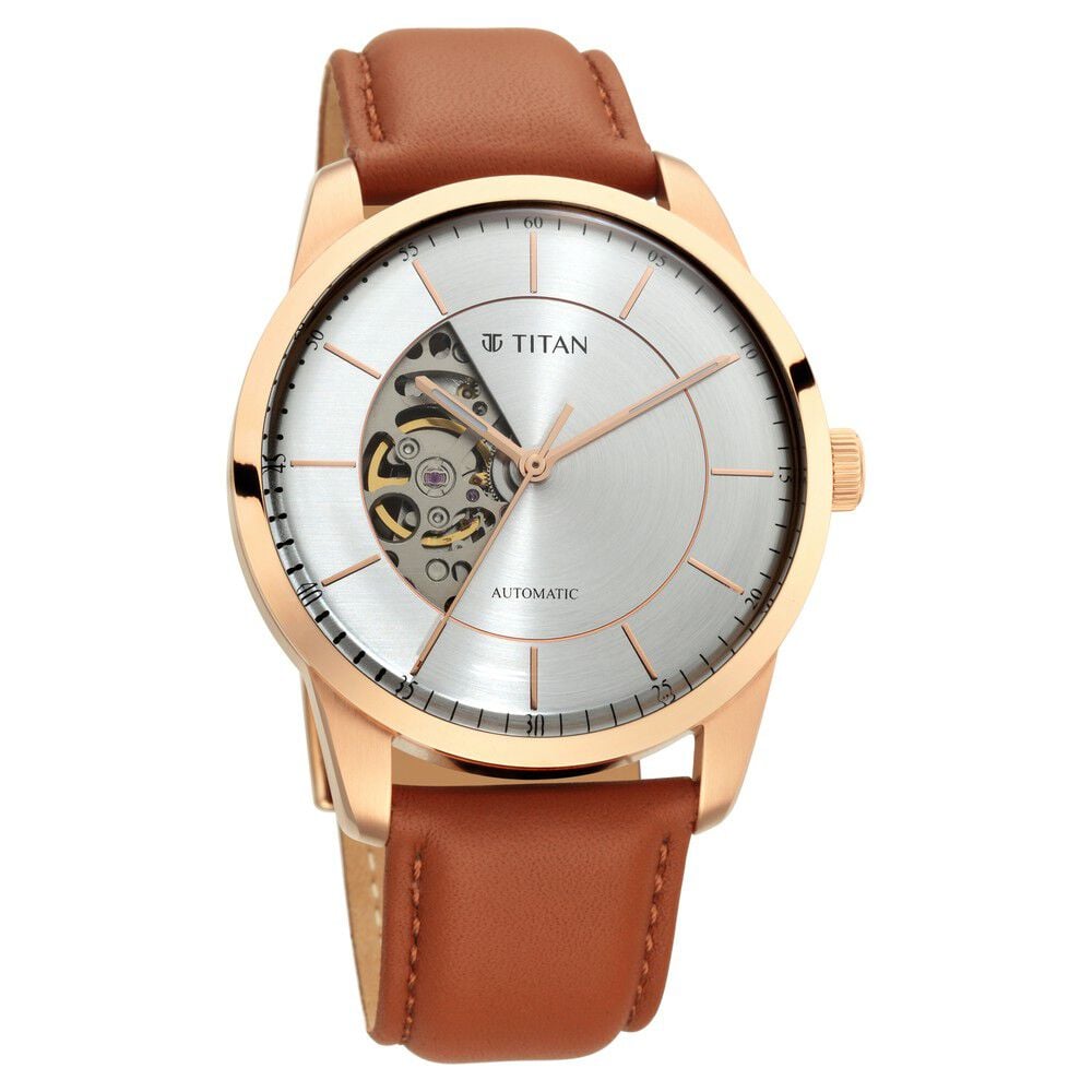[90126wl01] Titan Automatics Silver Dial Automatic Leather Strap Watch for Men