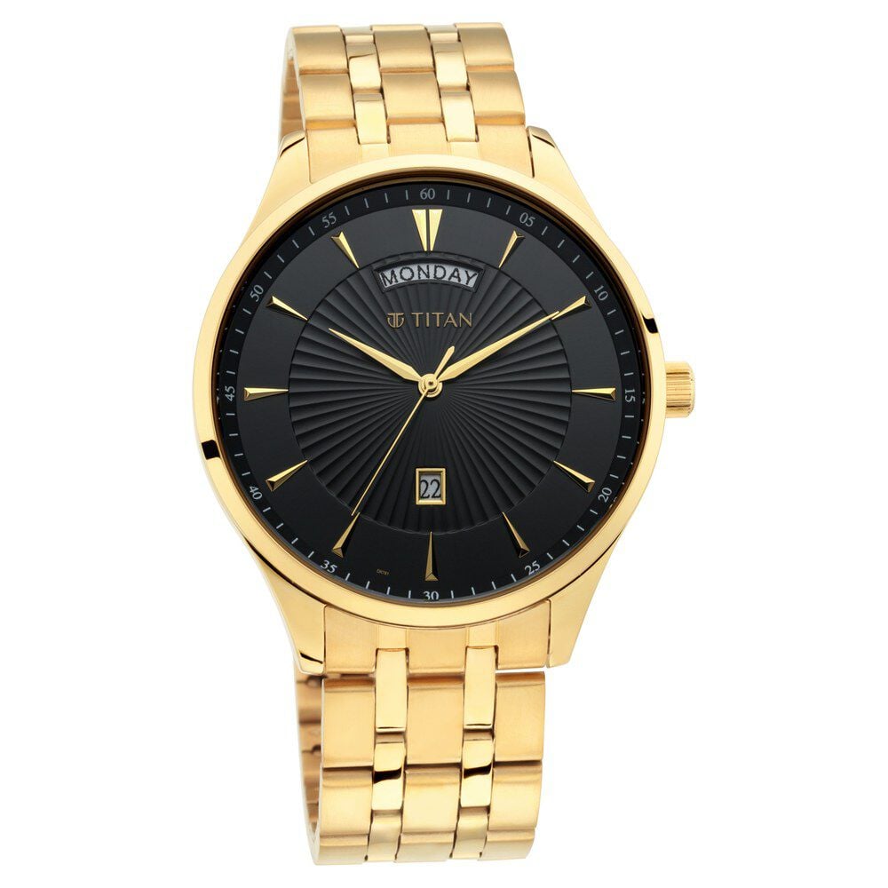 [90127YM02] Titan Regalia Opulent Black Dial Analog with Day and Date Stainless Steel Strap watch for Men