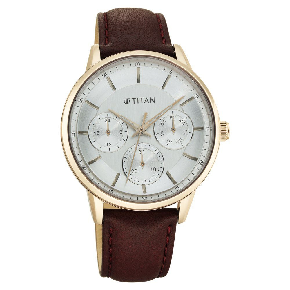 [90133WL01] Titan Urban Magic Silver Dial Quartz Multifunction Leather Strap watch for Men