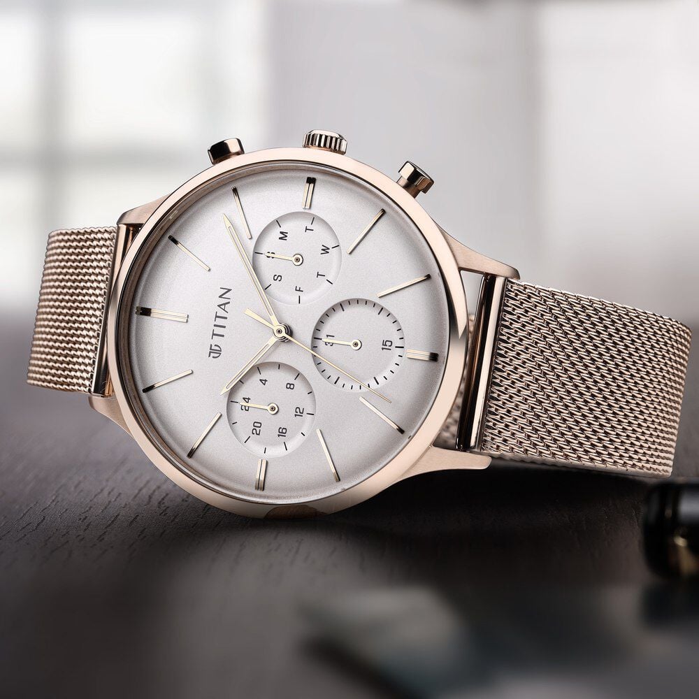 [90134WM01] Titan Light Leathers Silver Dial Quartz Multifunction Stainless Steel Strap Watch for Men