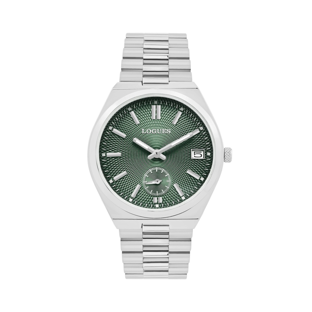 [G1997SMD-10] Logues Quartz Analogue Green Dial Steel Metal Strap Watch For Men