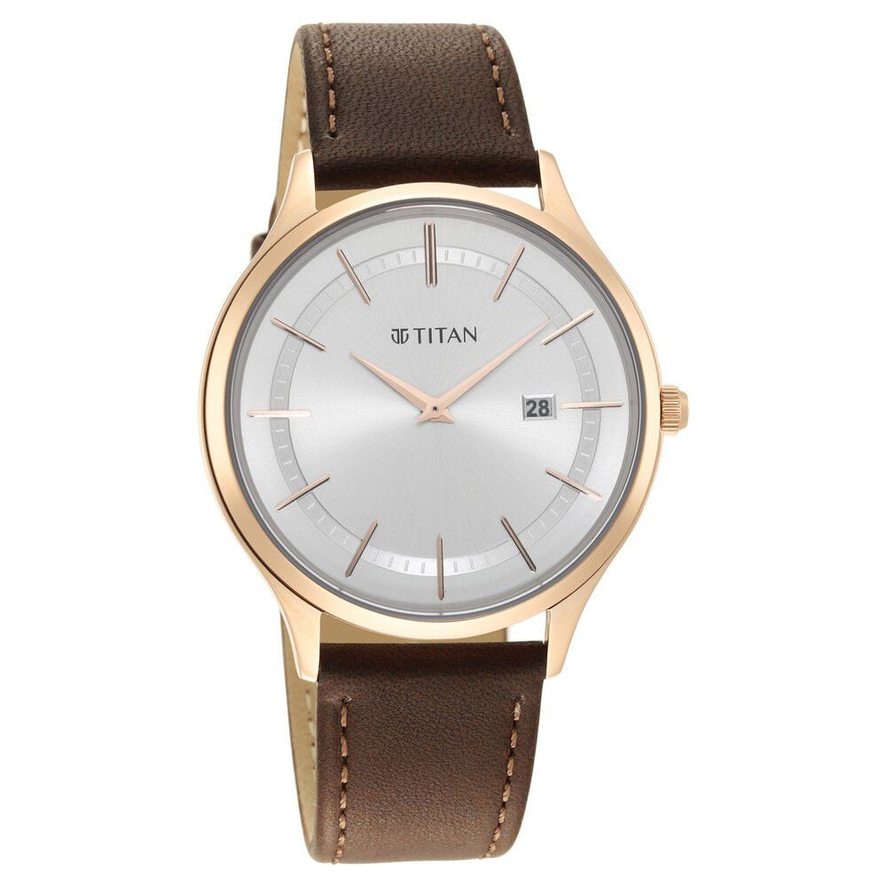 [90142WL01] Titan Classique Slimline Silver Dial Analog with Date Leather Strap watch for Men