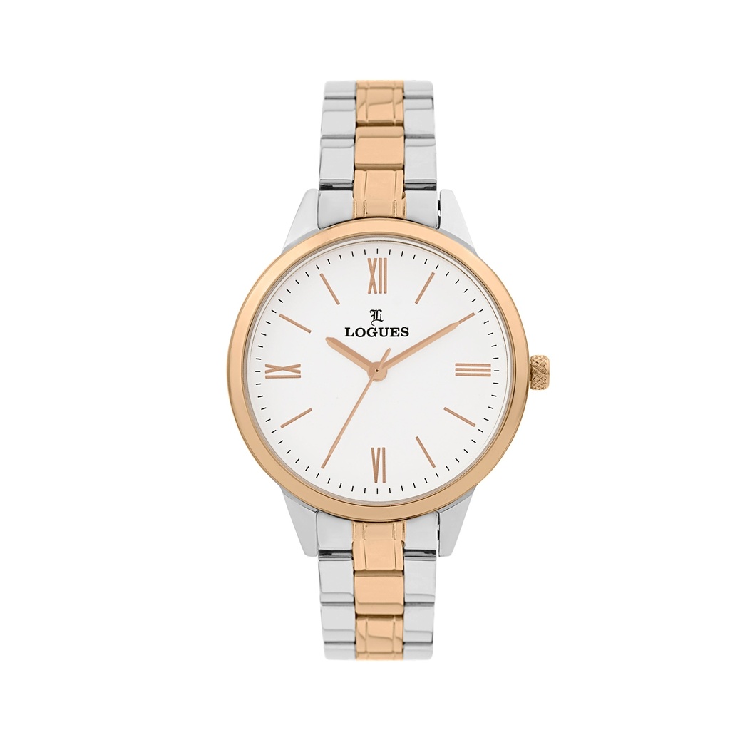 Logues Quartz Analogue Silver Dial Rose Dual Tone Metal Strap Watch For Women