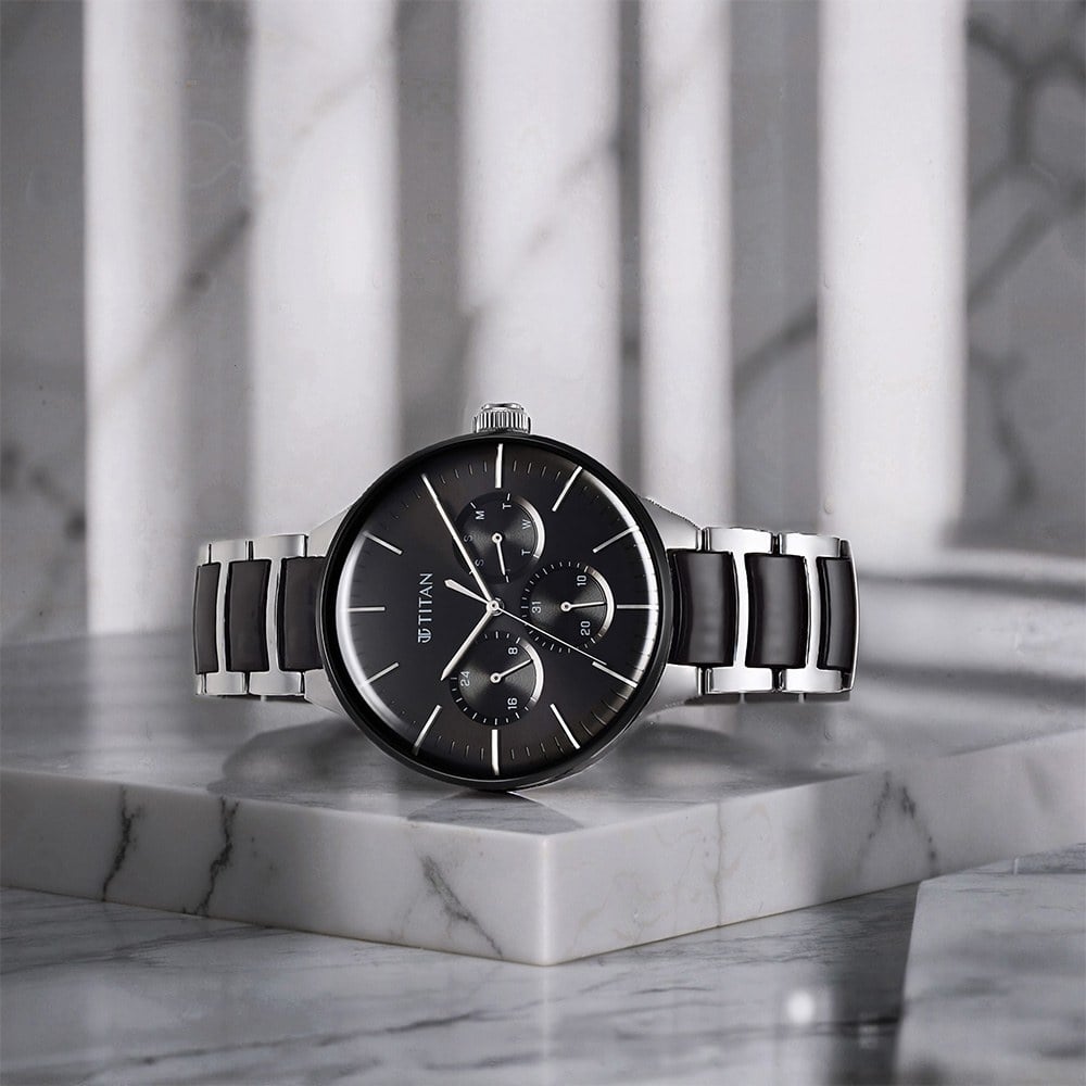 Titan Ceramic Fusion Multifunction Black Dial Stainless Steel With Ceramic Links Strap Watch For Men