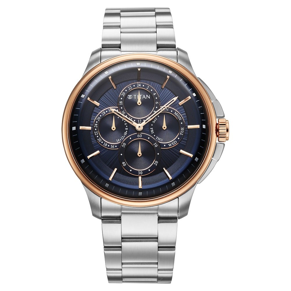 Titan Classique Four Eye Multifunction Analog with Blue Dial Silver Stainless Steel Strap Watch for Men