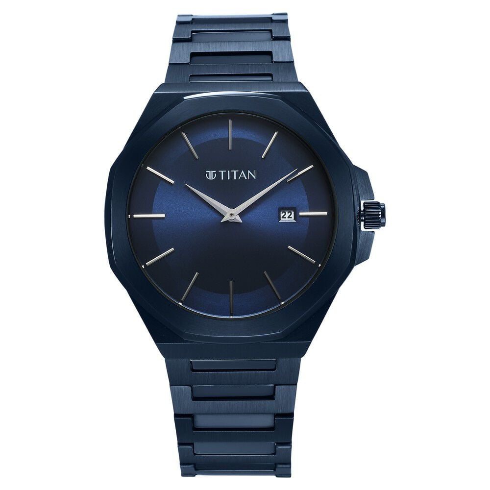 [90167QM01] Titan Classic Slim Quartz Analog with Date Blue Dial Stainless Steel Strap Watch for Men