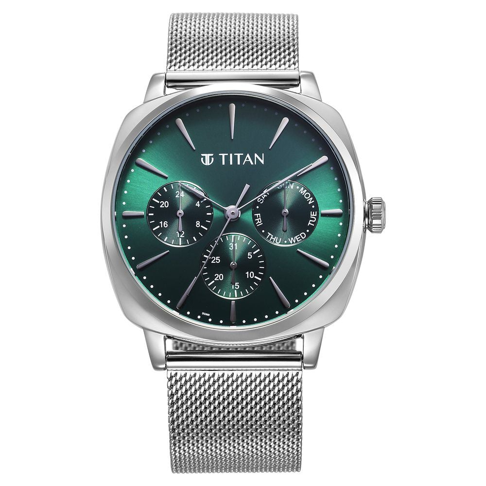 [90189SM01] Titan Classique Suave Quartz Green Dial Silver Stainless Steel Mesh Strap Watch for Men