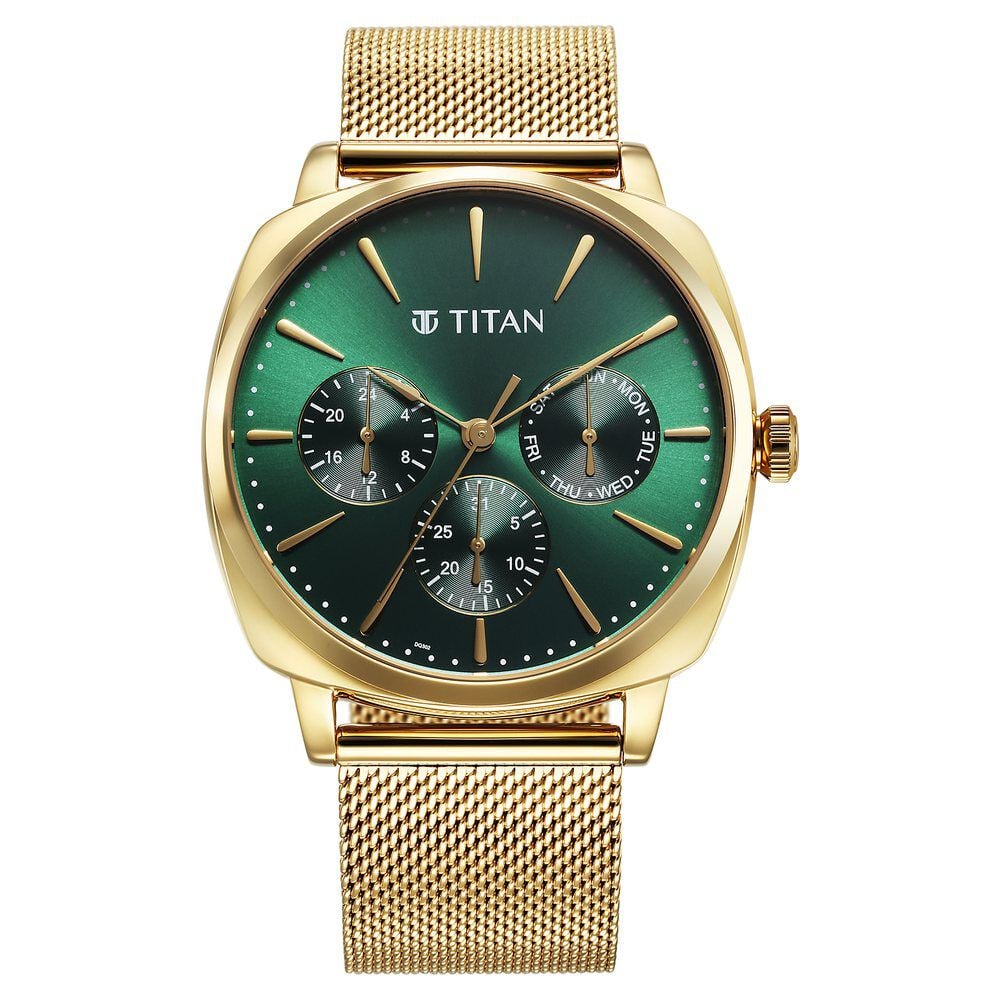 [90189YM01] Titan Classique Suave Quartz Green Dial Golden Stainless Steel Mesh Strap Watch for Men