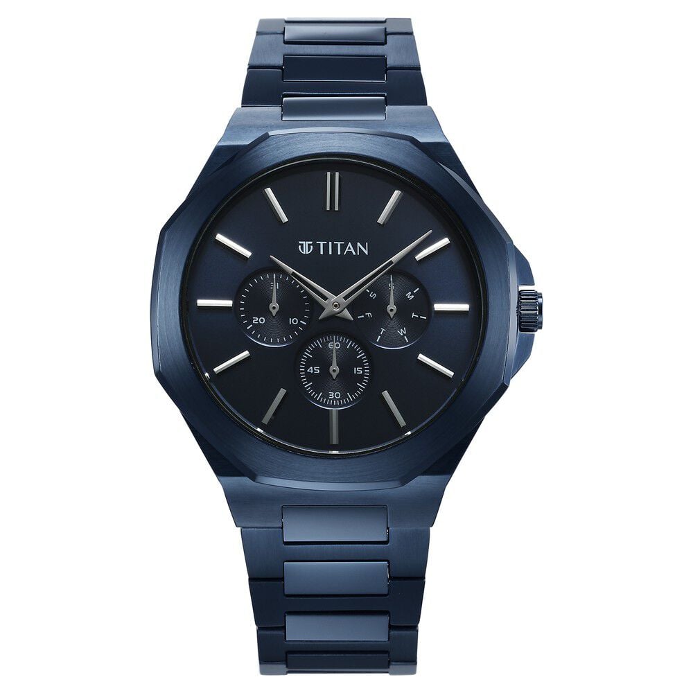 [90198QM01] Titan Classic Slim Multifunction Quartz Multifunction Blue Dial Stainless Steel Strap Watch For Men