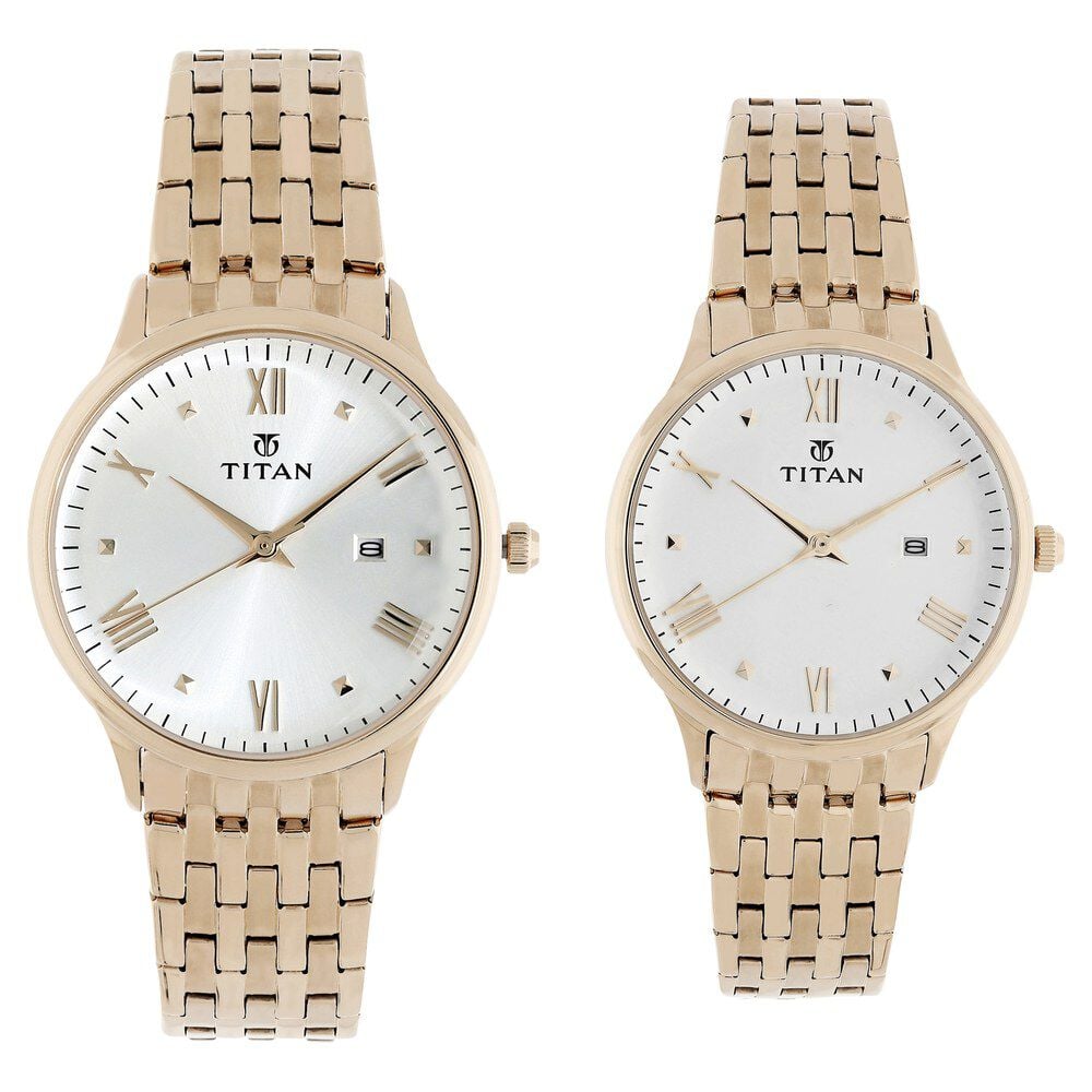 [9400194201WM01P] Titan Bandhan Rose Gold Dial Analog with Date Stainless Steel Strap watch for Couple