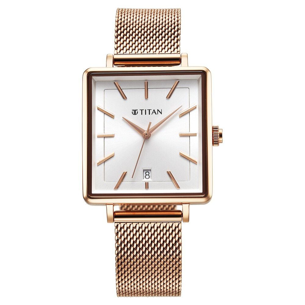 [94205WM01] Titan Minimalists Quartz Analog with Date Silver Dial Rose Gold Stainless Steel Strap Watch for Women