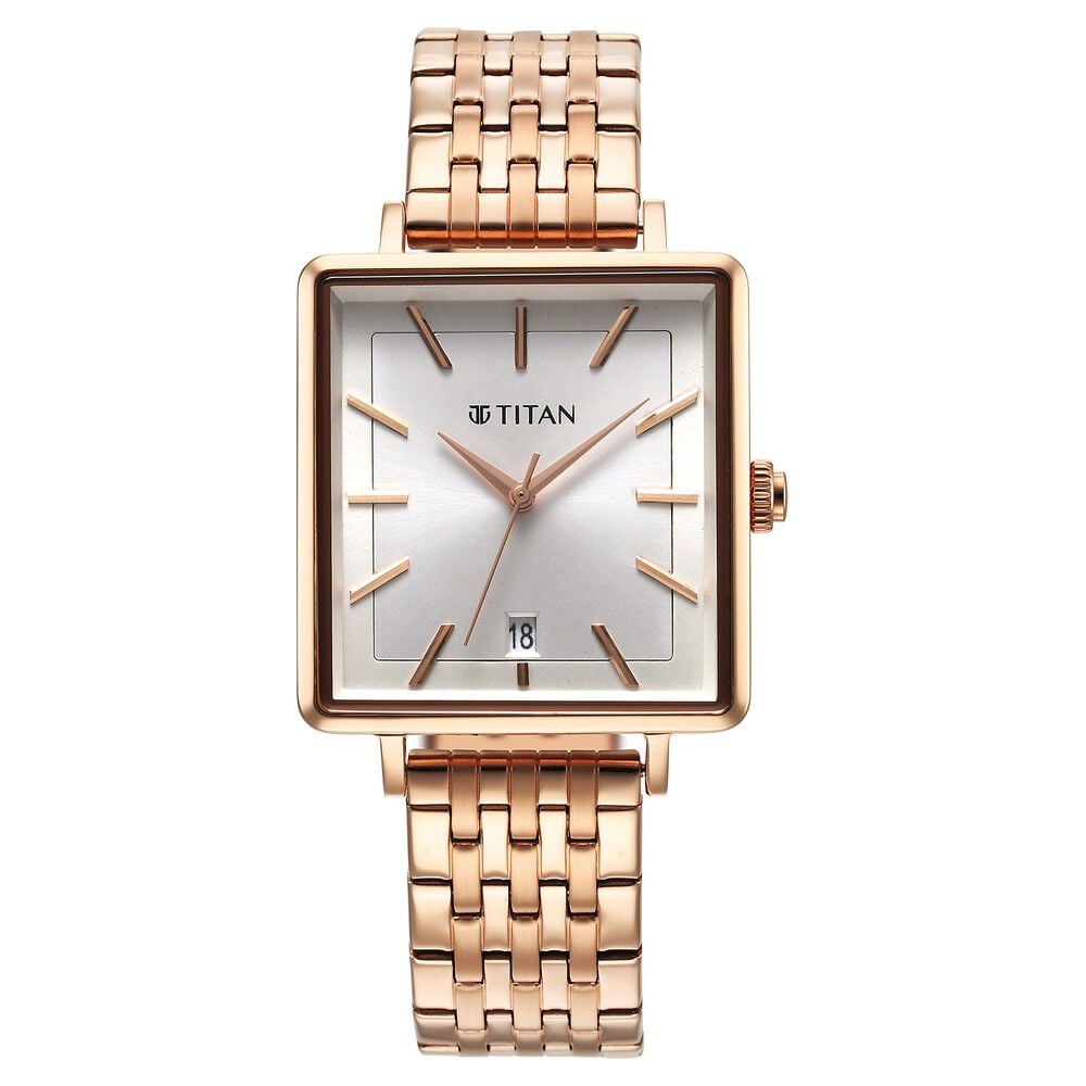 [94205WM02] Titan Minimalists Quartz Analog with Date Silver Dial Rose Gold Stainless Steel Strap Watch for Women