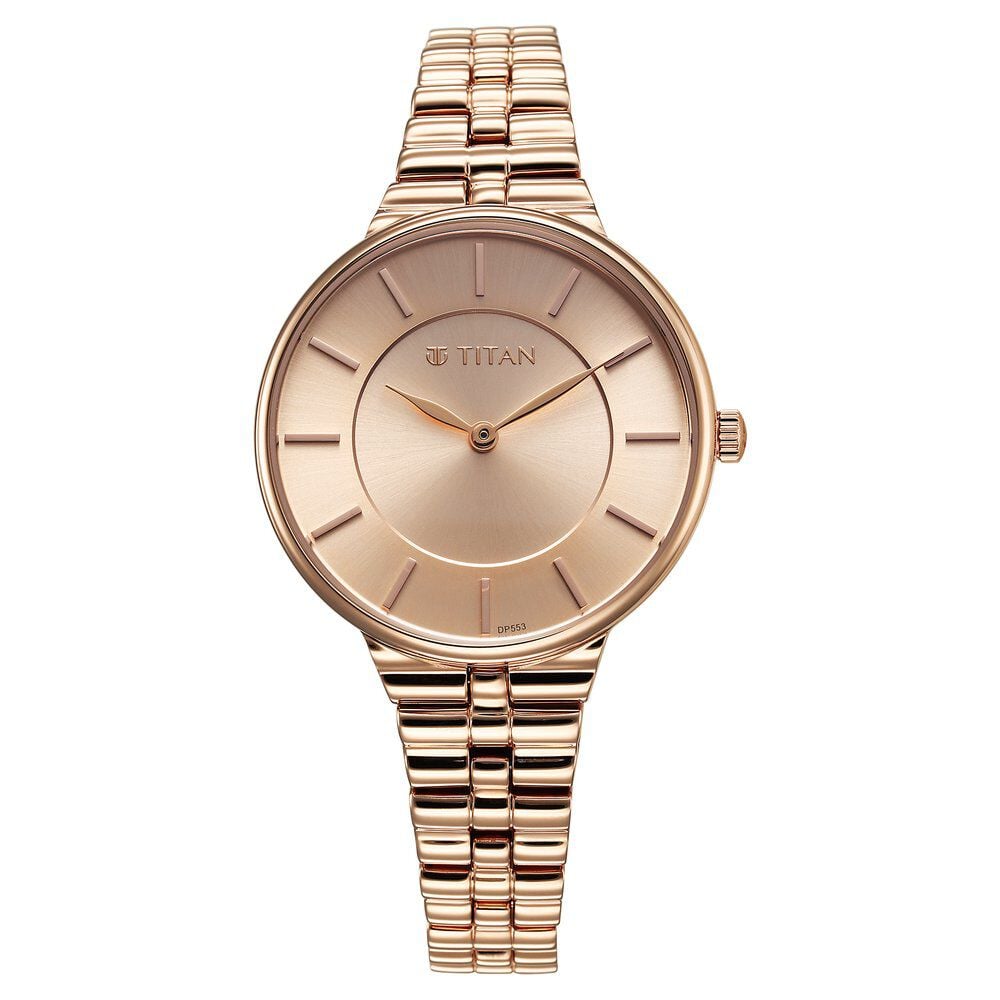 Titan Aura Quartz Analog Rose Gold Dial Stainless Steel Strap Watch for Women