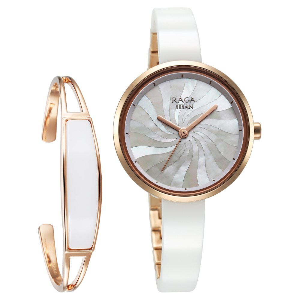 [95253kd01f] Titan Raga Memoirs Quartz Analog Mother Of Pearl Dial With White Ceramic Strap Watch For Women