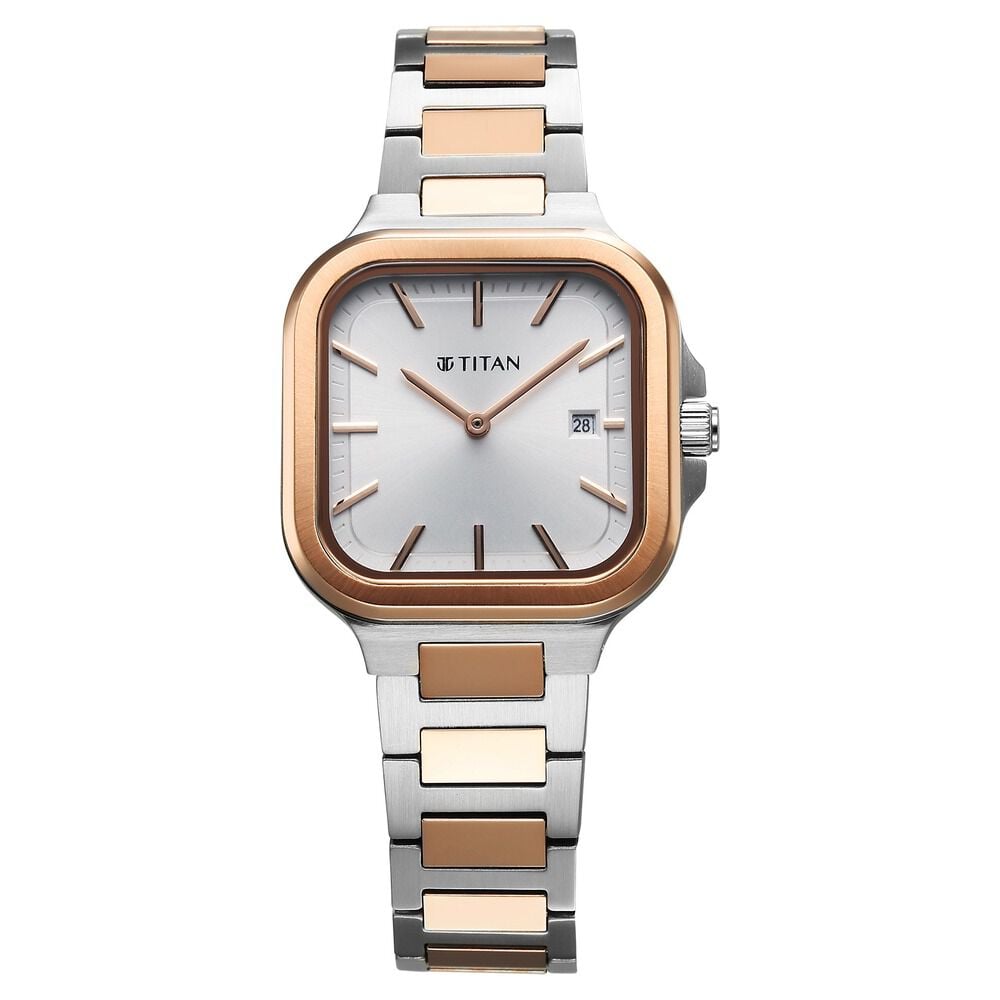 [95291KM01] Titan Slim Square Quartz Analog with Date Silver Dial With Two Toned Color Stainless Steel Strap Watch For Women