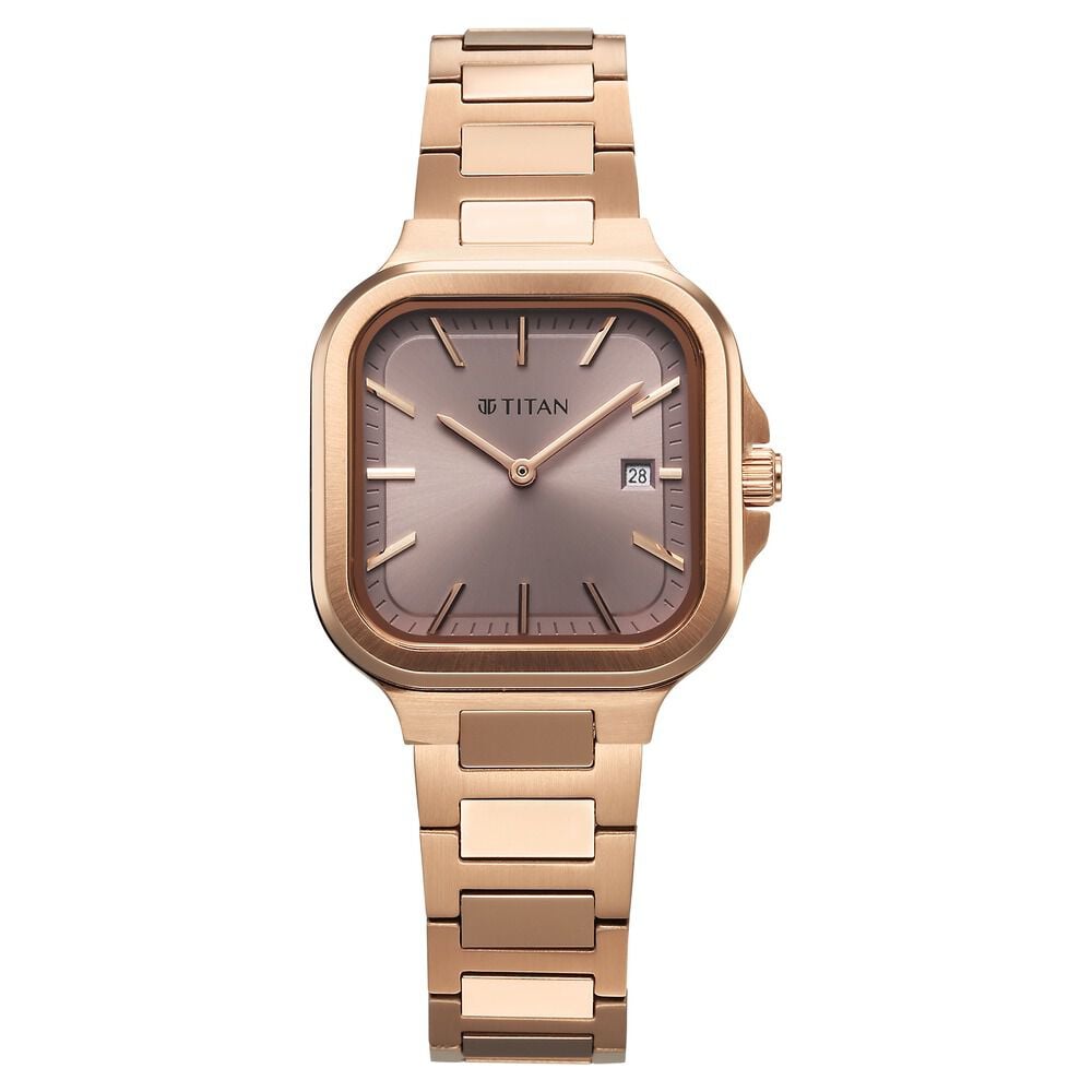 [95291WM01] Titan Slim Square Quartz Analog with Date Lavender Dial With Rose Gold Color Stainless Steel Strap Watch For Women