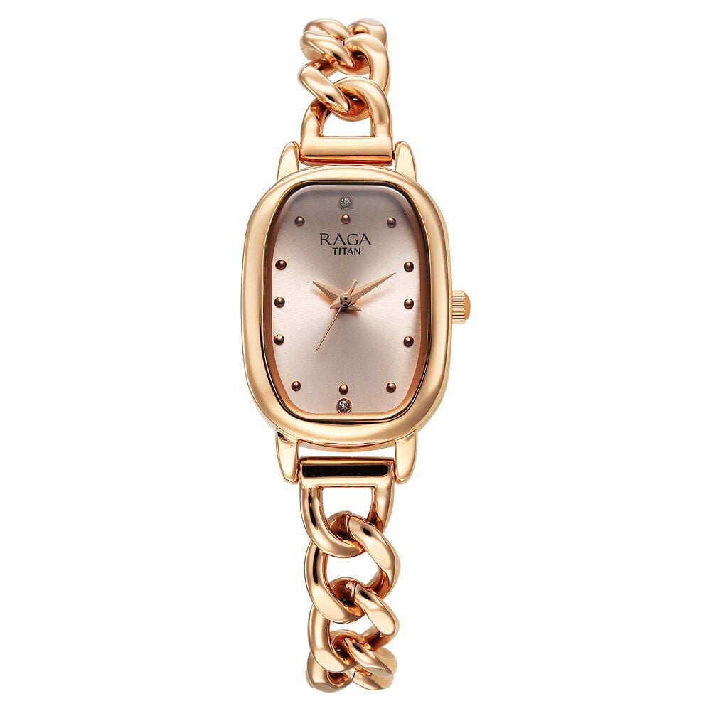[95309wm01] Titan Raga Showstopper Quartz Analog Rose Gold Dial Metal Strap Watch For Women