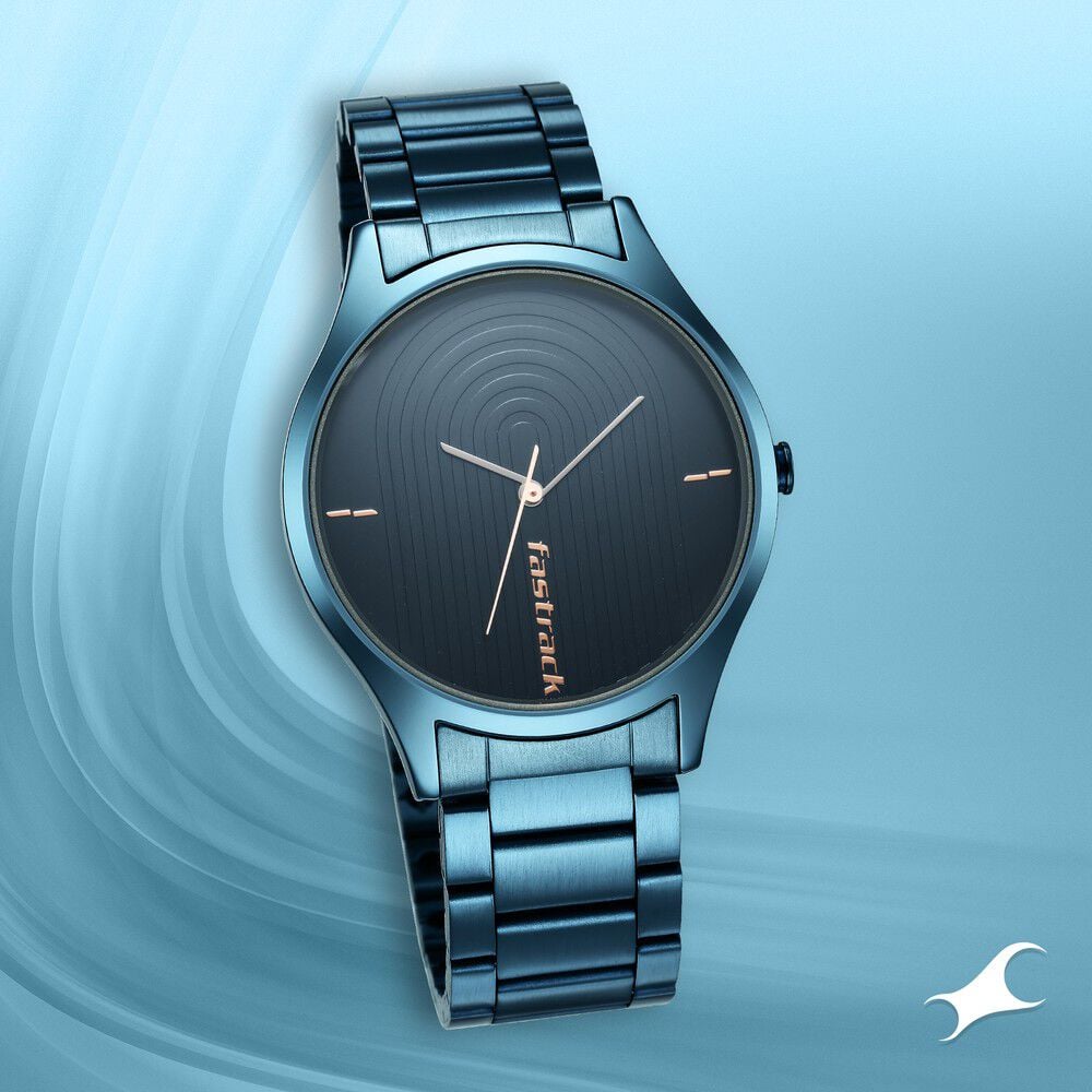 [3184QM01] Fastrack Style Up Quartz Analog Blue Dial Stainless Steel Strap Watch for Guys