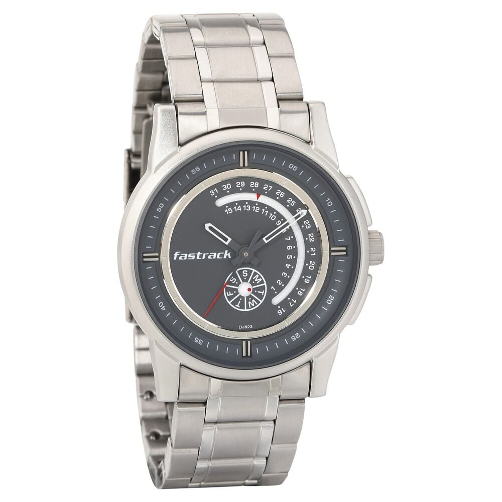 [3215SM02] Fastrack Go Skate Quartz Analog with Day and Date Grey Dial Stainless Steel Strap Watch for Guys