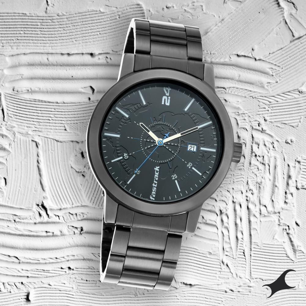 [3245NM01] Fastrack Tripster Quartz Analog with Date Black Dial Stainless Steel Strap Watch for Guys