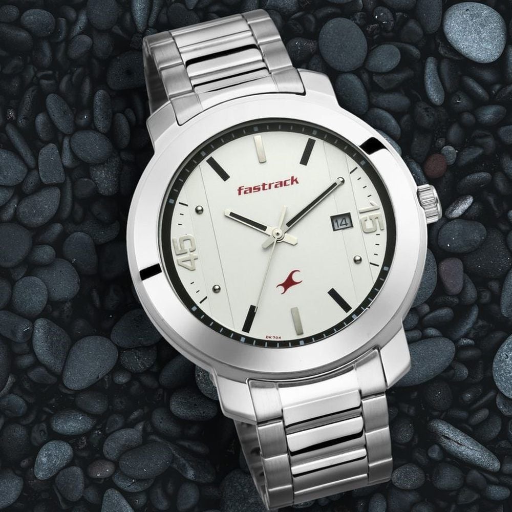 [3246SM01] Fastrack Bare Basics Quartz Analog with Date White Dial Stainless Steel Strap Watch for Guys