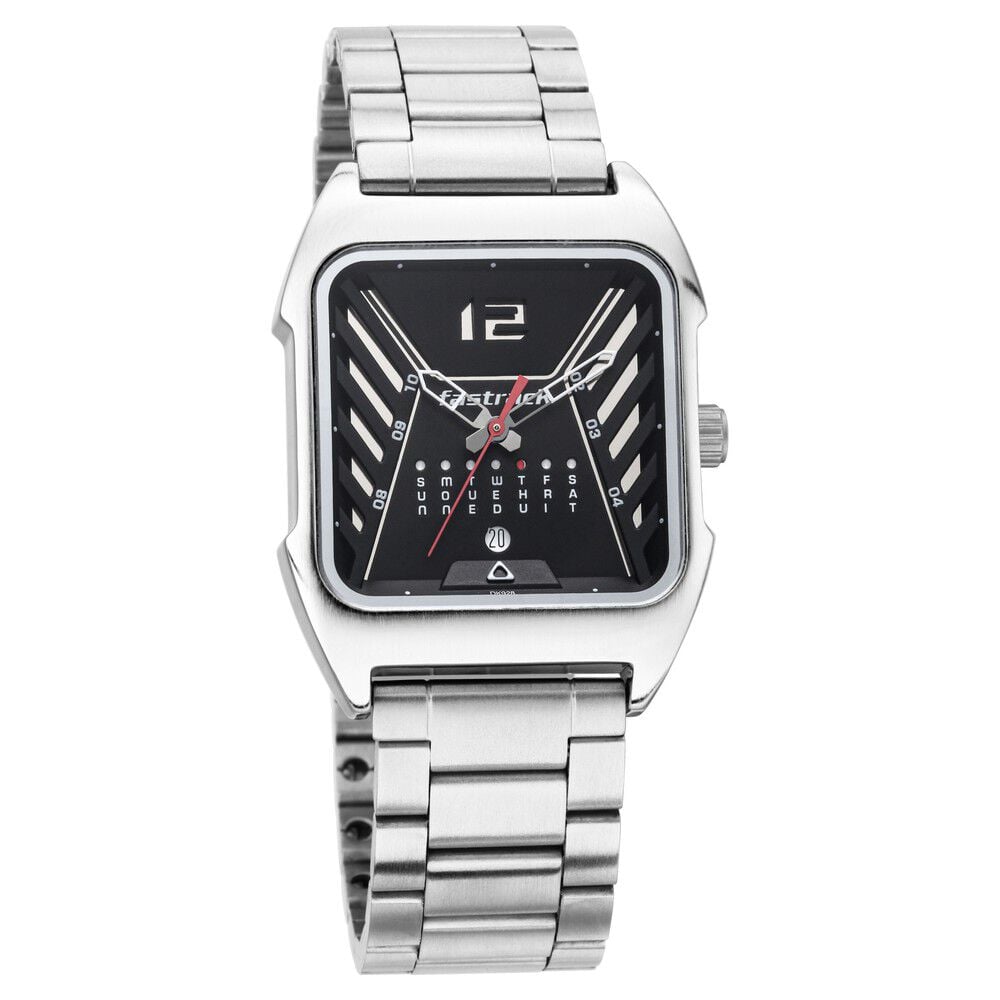 [3249SM01] Fastrack Gamify Quartz Analog with Day and Date Black Dial Metal Strap Watch for Guys