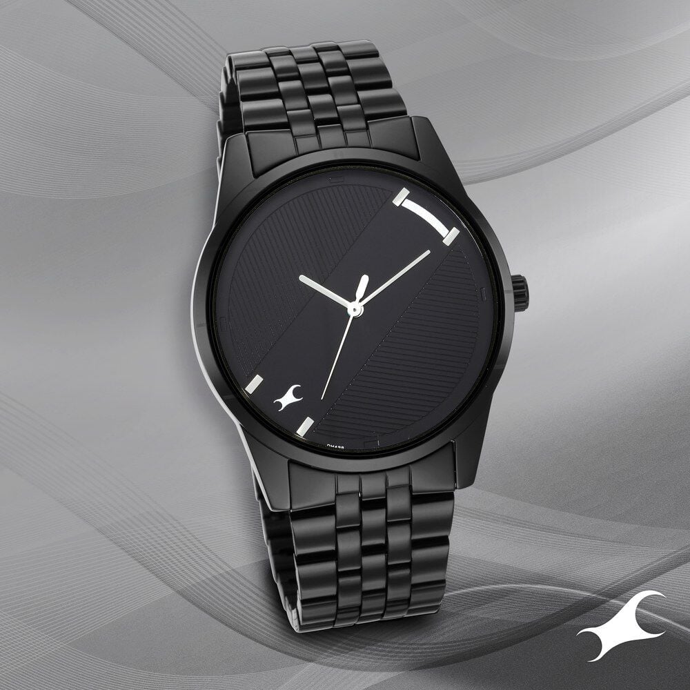 [3277NM01] Fastrack Stunners Quartz Analog Black Dial Metal Strap Watch for Guys