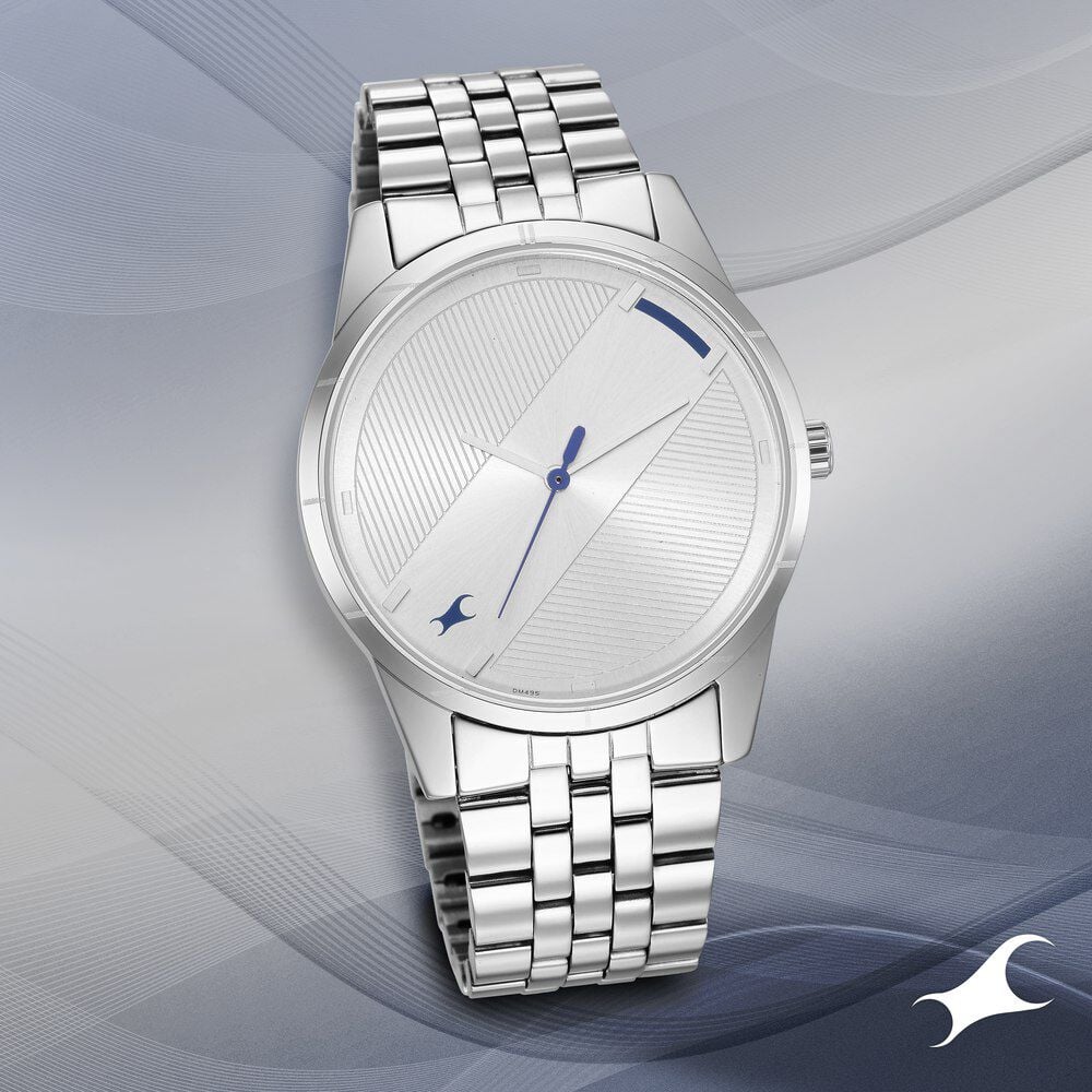 [3277SM01] Fastrack Stunners Quartz Analog Silver Dial Metal Strap Watch for Guys