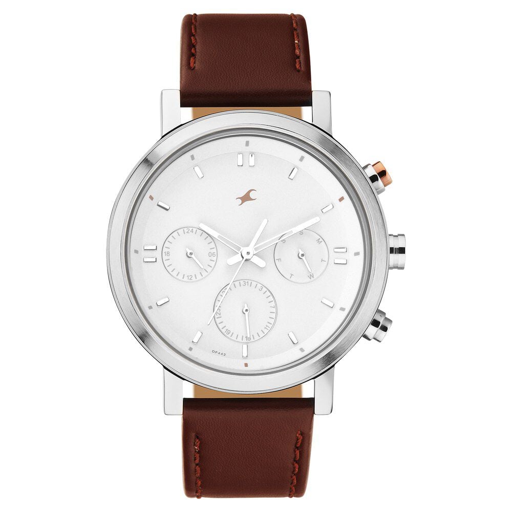[3287KL02] Fastrack Tick Tock Quartz Analog White dial Leather Strap Watch for Guys