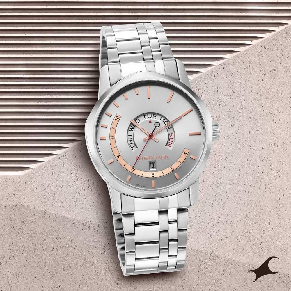 Fastrack Exuberant Quartz Analog with Day and Date Silver Dial Metal Strap Watch for Guys