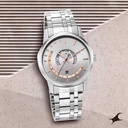 Fastrack Exuberant Quartz Analog with Day and Date Silver Dial Metal Strap Watch for Guys