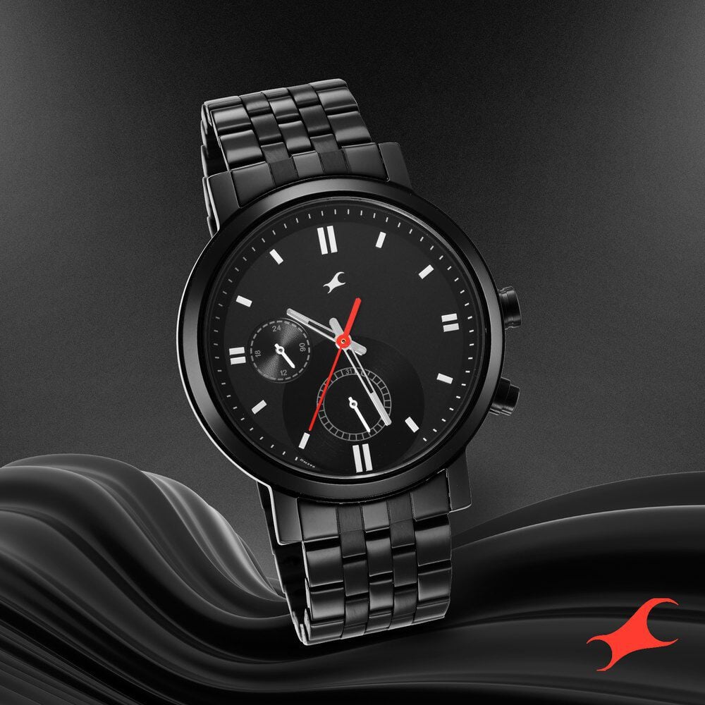 [3287NM01] Fastrack Tick Tock Quartz Multifunction Black Dial Metal Strap Watch for Guys