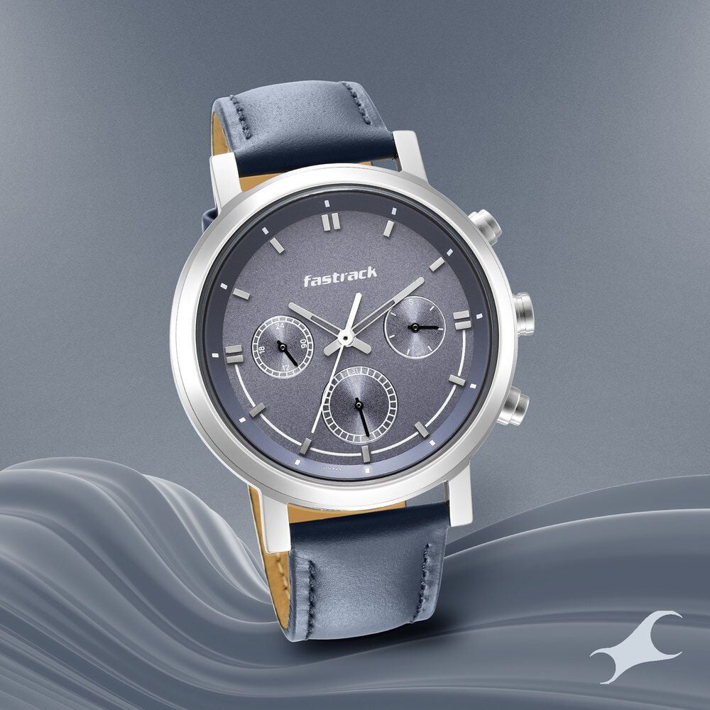 Fastrack Tick Tock Quartz Multifunction Blue Dial Leather Strap Watch for Guys