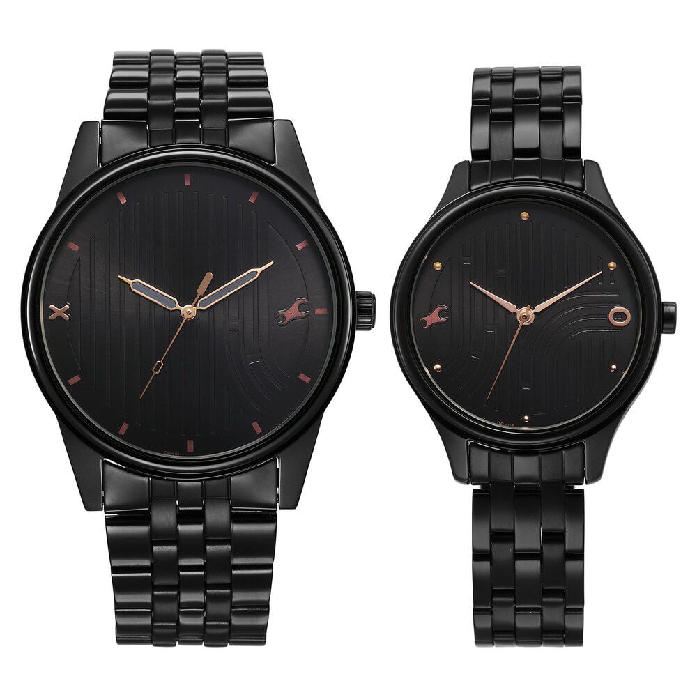Fastrack Mixmatched Quartz Analog Black Dial With Black Metal Strap Watch For Couple