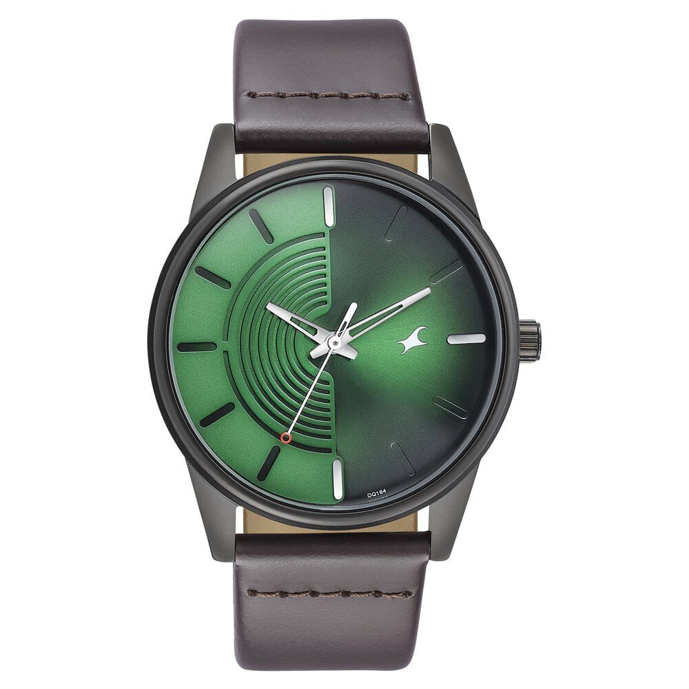 [3305NL01] Fastrack Stunners Quartz Analog Green Dial Leather Strap Watch for Guys