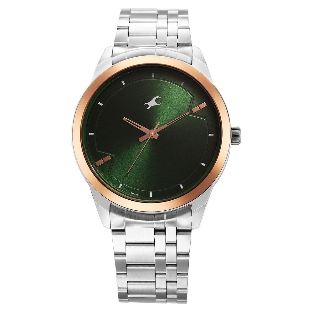 [3308KM03] Fastrack Stunners Quartz Analog Green Dial Metal Strap Watch for Guys