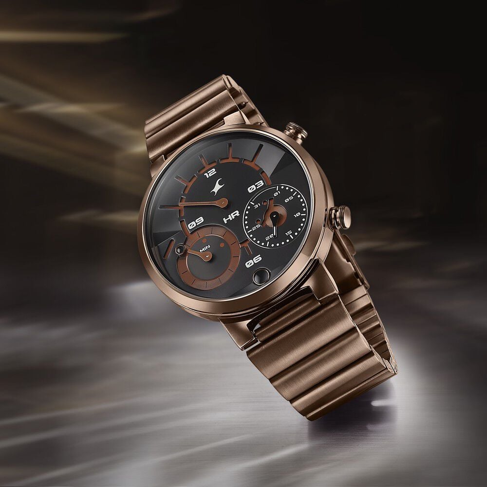 Fastrack Gambit Micromotor Black Dial Brown Metal Strap Analog Watch for Guys
