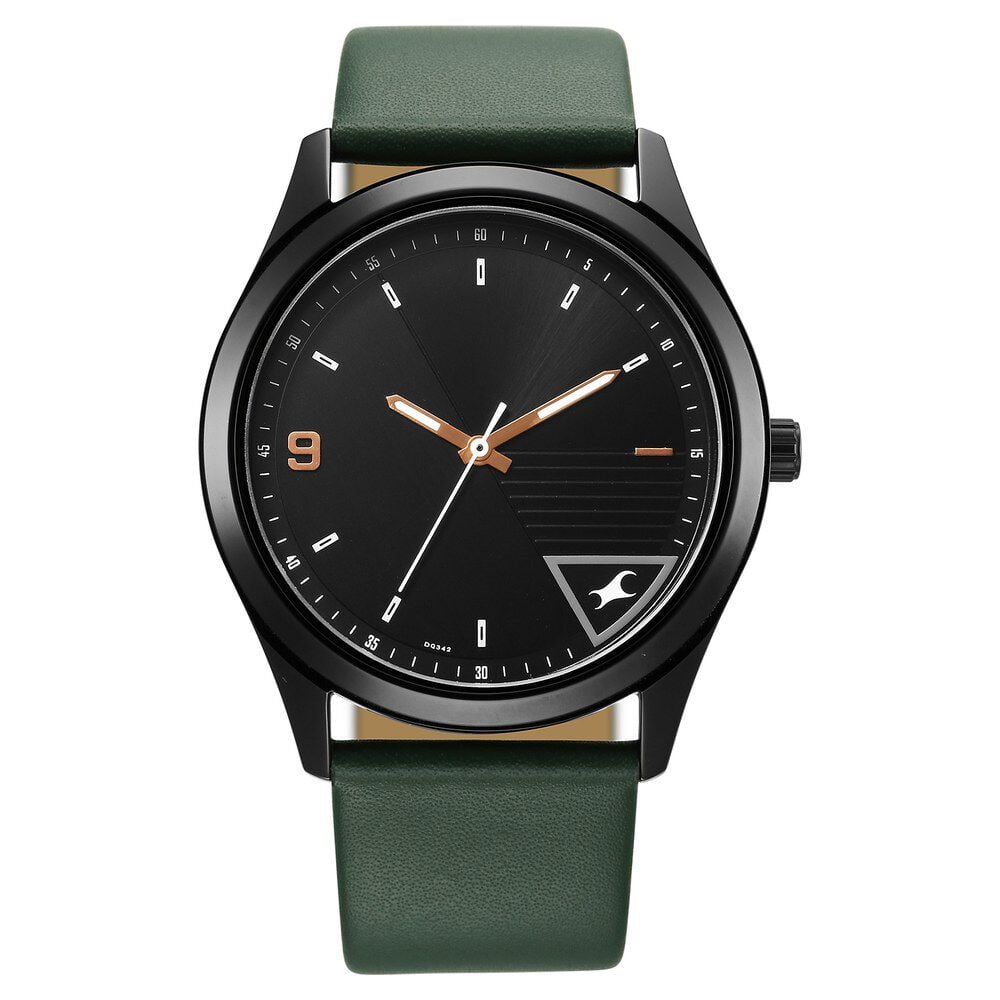 [3317nl01] Fastrack Stunners Quartz Analog Black Dial Green Leather Strap Watch For Guys
