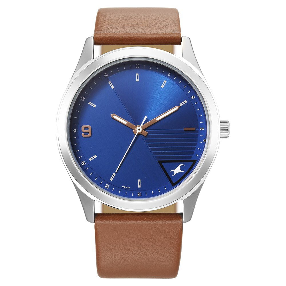 [3317SL01] Fastrack Stunners Quartz Analog Blue Dial Brown Leather Strap Watch For Guys