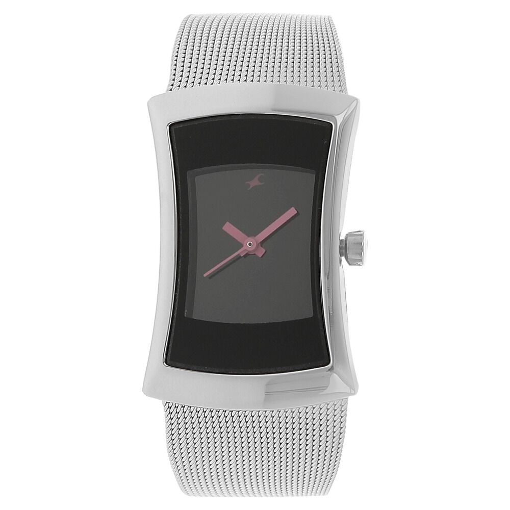 [6093SM01] Fastrack Quartz Analog Black Dial Metal Strap Watch for Girls