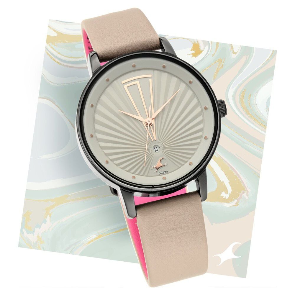 [6206nl01] Fastrack Ruffles Quartz Analog with Date Grey Dial Leather Strap Watch for Girls