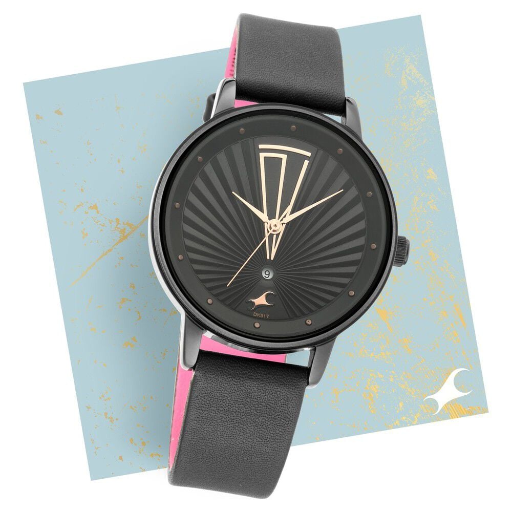 [6206nl02] Fastrack Ruffles Quartz Analog with Date Black Dial Leather Strap Watch for Girls