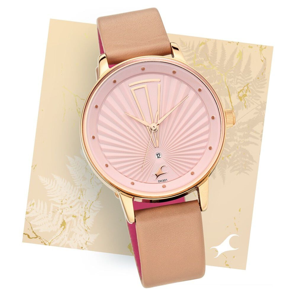 [6206wl02] Fastrack Ruffles Quartz Analog with Date Pink Dial Leather Strap Watch for Girls