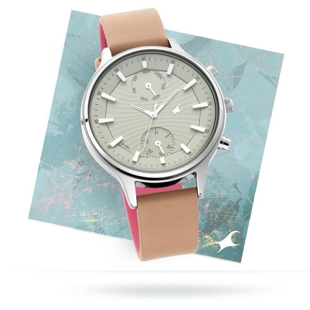 [6208sl02] Fastrack Ruffles Quartz Multifunction Beige Dial Leather Strap Watch for Girls